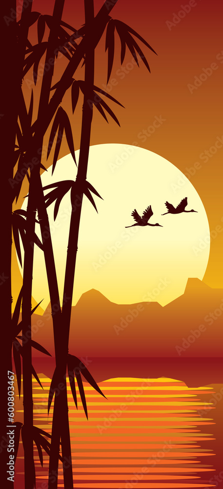 illustration of bamboo forest, water and sundown