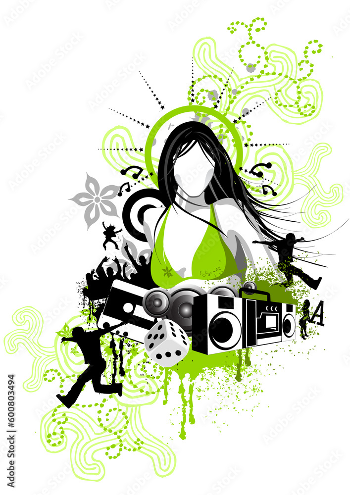 design piece with women, music and various design elements.
