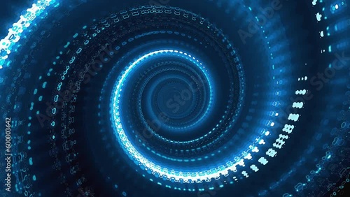 Glowing blue abstract spiral tunnel. Speed, music, future background