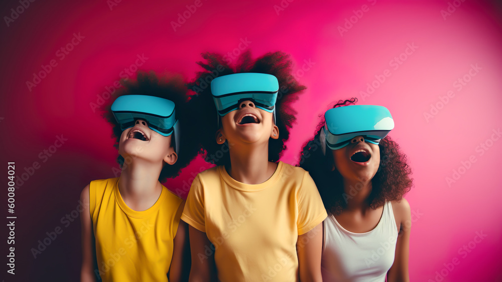 Child,kid wearing virtual reality VR headset with excited enjoying mood.innovation device for learning or imagination.generative ai technology Child,kid wearing virtual reality VR headset with excited enjoying mood.innovation device for learning or imagination.generative ai technology