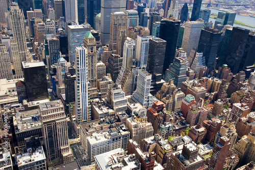 An aerial view of manhattan rooftops.
