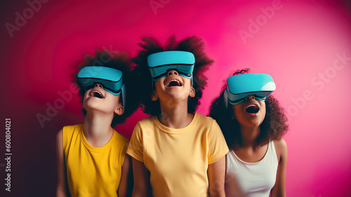Child,kid wearing virtual reality VR headset with excited enjoying mood.innovation device for learning or imagination.generative ai technology