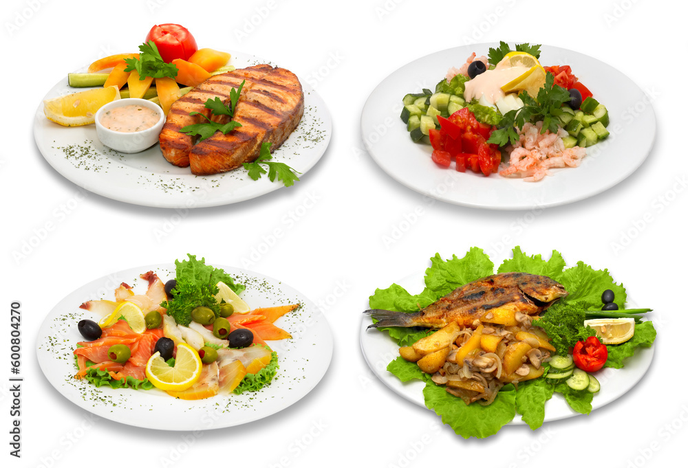 Four fish dishes. This image was created using four different shots. Four fish dishes. This image was created using four different shots.