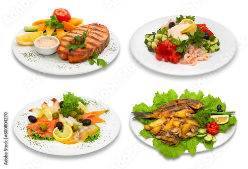 Four fish dishes. This image was created using four different shots.