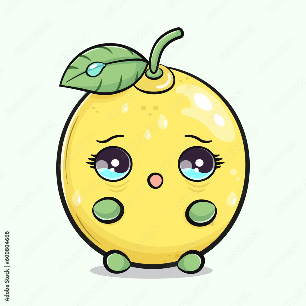Cute funny scared Lemon character. Vector hand drawn traditional cartoon vintage, retro, kawaii character illustration icon. Isolated green background. Cry Lemon character concept Cute funny scared Lemon character. Vector hand drawn traditional cartoon vintage, retro, kawaii character illustration icon. Isolated green background. Cry Lemon character concept