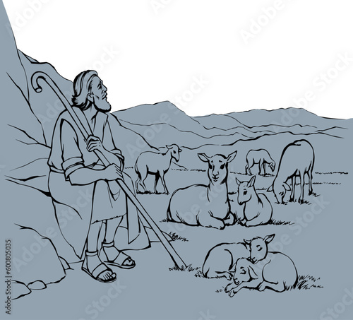 Vector drawing. Shepherd with sheep