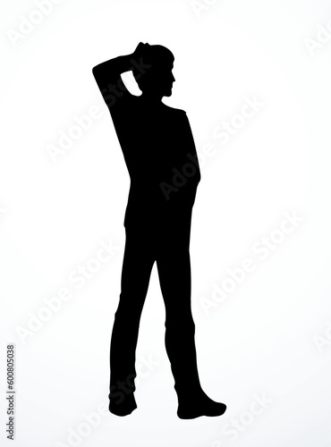 Vector drawing. A man stands making a choice
