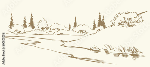 Vector drawing. Summer river scene