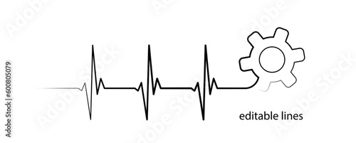Editable lines heart rhythm illustration with gear wheel, heartbeat line vector design to use in healthcare, business, healthy lifestyle, medicine and ekg concept illustration projects.
