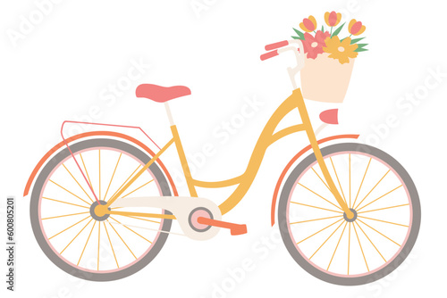 Women's bicycle with a basket of flowers. Vector design.