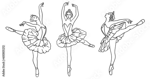 Set of three ballerinas. Hand drawn outline vector design.