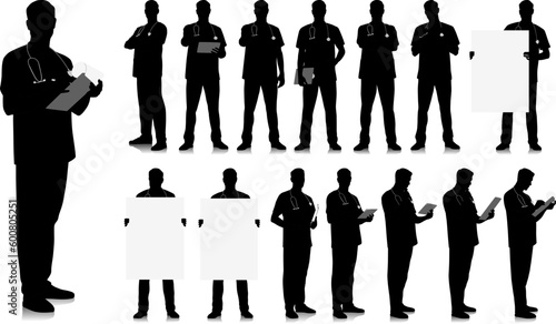 Silhouette of healthcare worker. Happy smiling doctor with a stethoscope. Male nurse in uniform poses. Vector flat style illustration set isolated on white