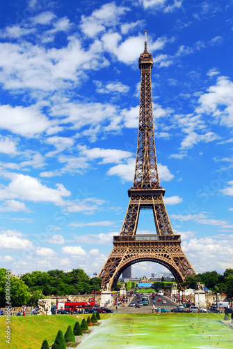 Eiffel tower on background of blue sky in Paris  France.