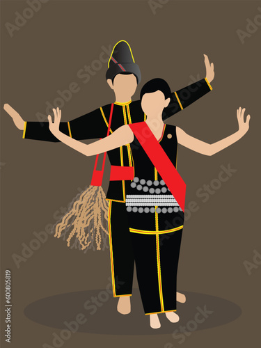 a man and a woman performing the sumazau dance in traditional costumes. These are traditional costumes of the natives of East Malaysia usually worn during  festive seasons