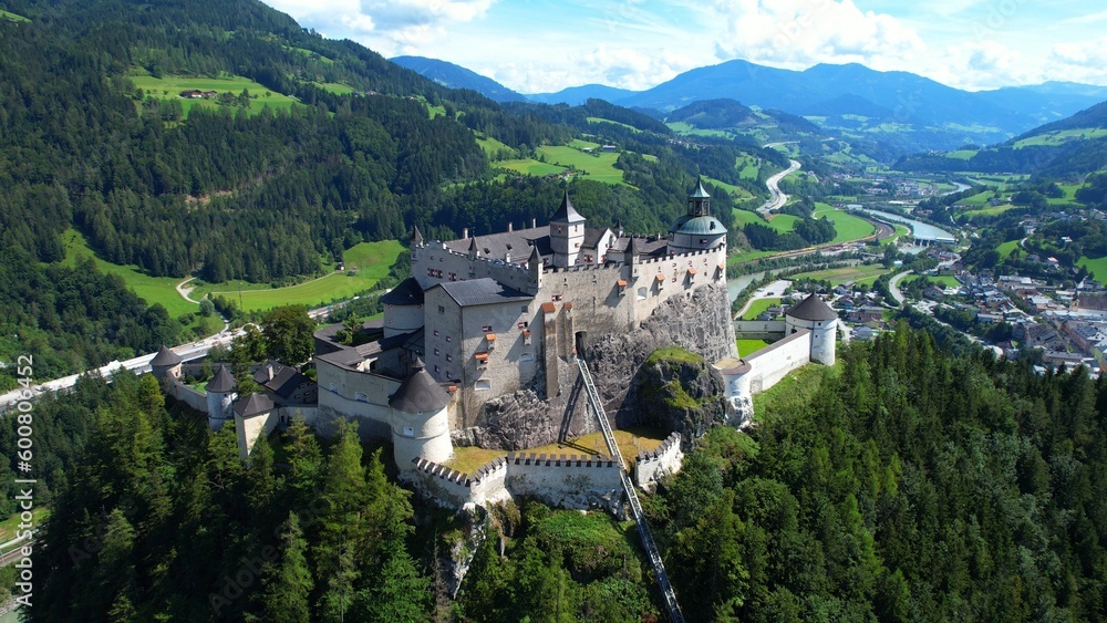 Hohenwerfen Castle - Austria - 4k Flight aerial view drone footage	