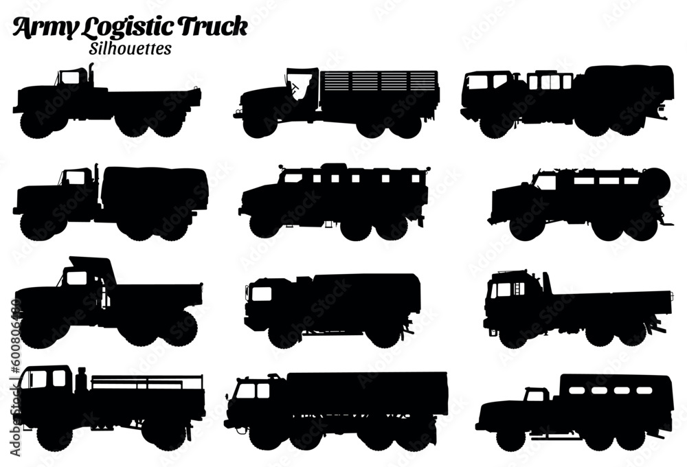 Set army logistics car silhouette vector illustration.