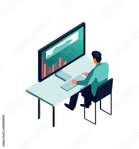 Business Guy working at desk with computers