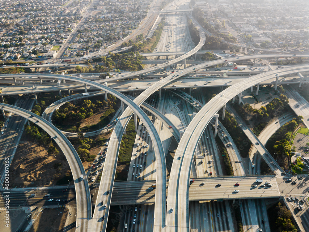 Aerial view of complex highway interchange in Los Angeles California.