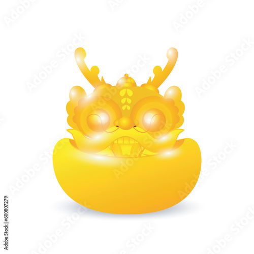 Happy Chinese new year 2024 with golden dragon ingots, gong xi fa cai, the year of the dragon zodiac, Capricorn calendar,cute Cartoon isolated white background vector illustration
