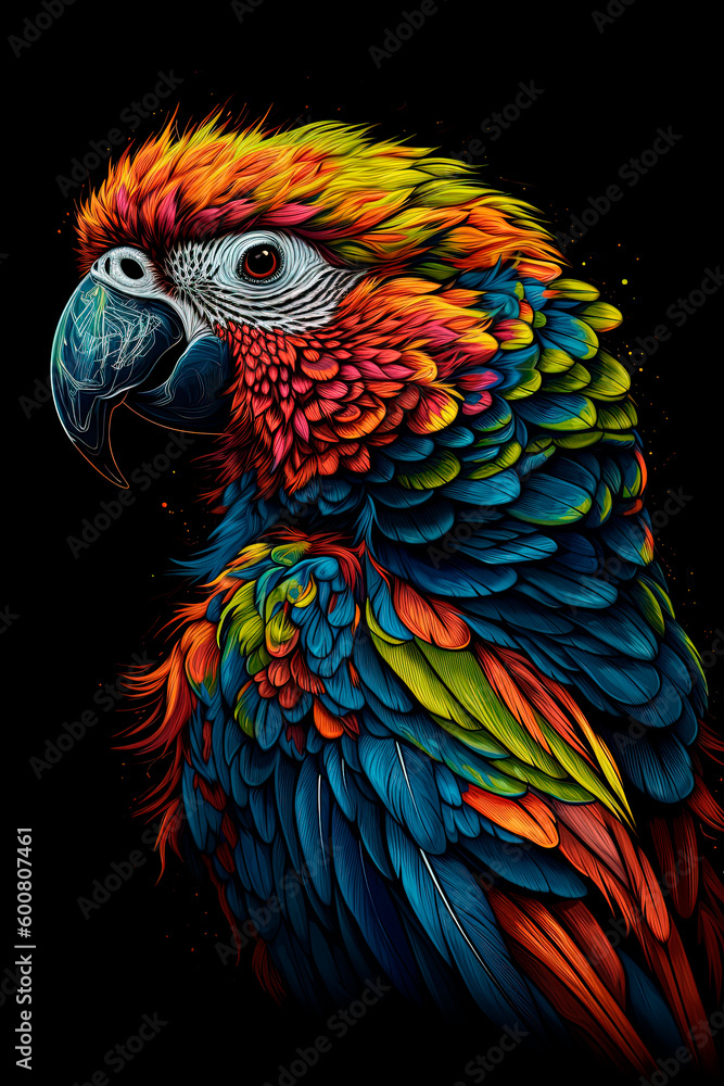 A colorful parrot on a black background. Generative AI