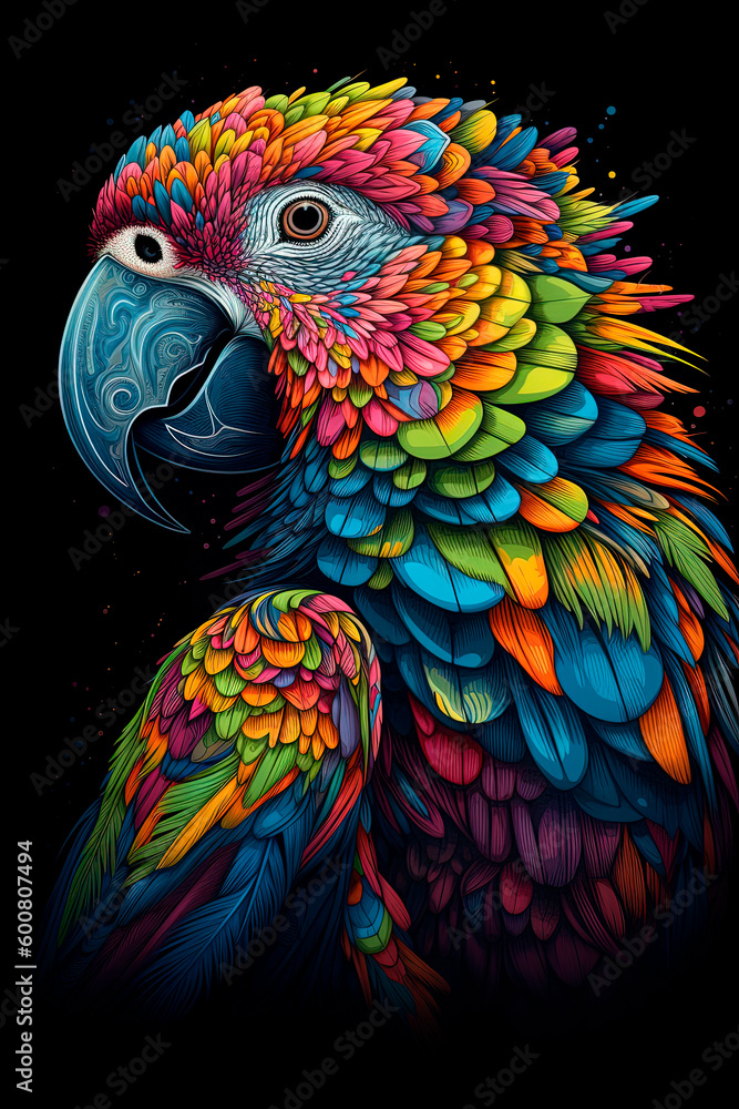 Obraz premium A colorful parrot on a black background. Generative AI