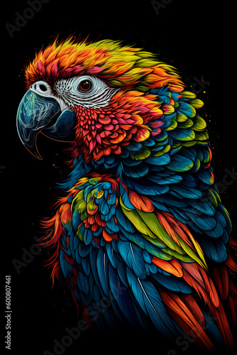 A colorful parrot on a black background. Generative AI © Oleksandr