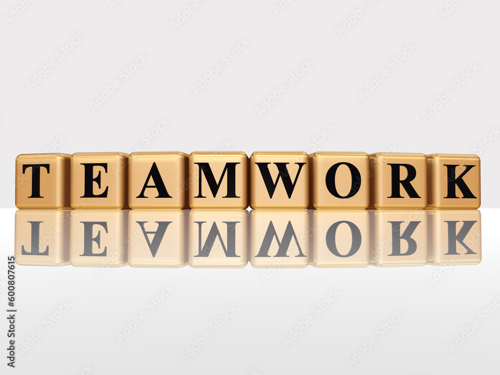 3d golden boxes with black letters with text teamwork with reflection 3d golden boxes with black letters with text teamwork with reflection