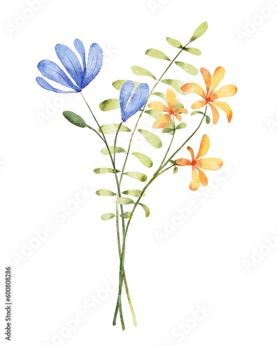Flowers, floral watercolor illustration for greeting card, invitation and other printing design. Isolated on white. Hand drawing.