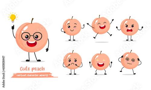pink peach cartoon with many expressions. different fruit activity vector illustration flat design. smart peach for children story book.