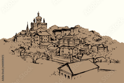 Vector drawing. City landscape with church