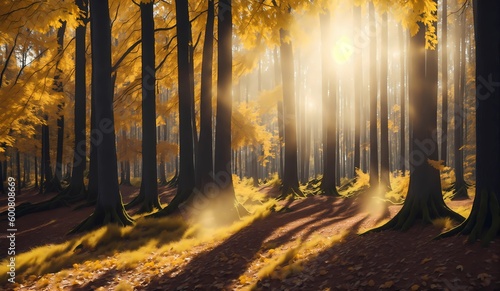 Panoramic view of forest in autumn with sunlight shining through trees from Generative AI