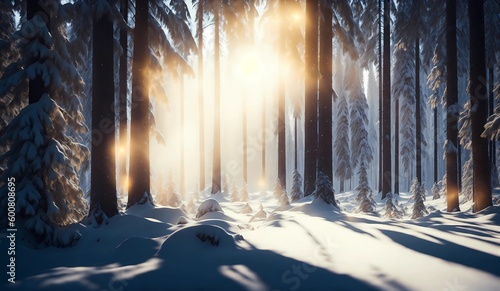 Panoramic view of forest in winter with sunlight shining through trees from Generative AI © sevenSkies