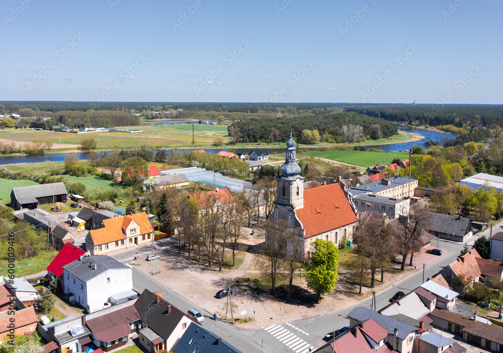 Cityscape of Obrzycko, Wielkopolska, Poland. Aerial summer view of the old church