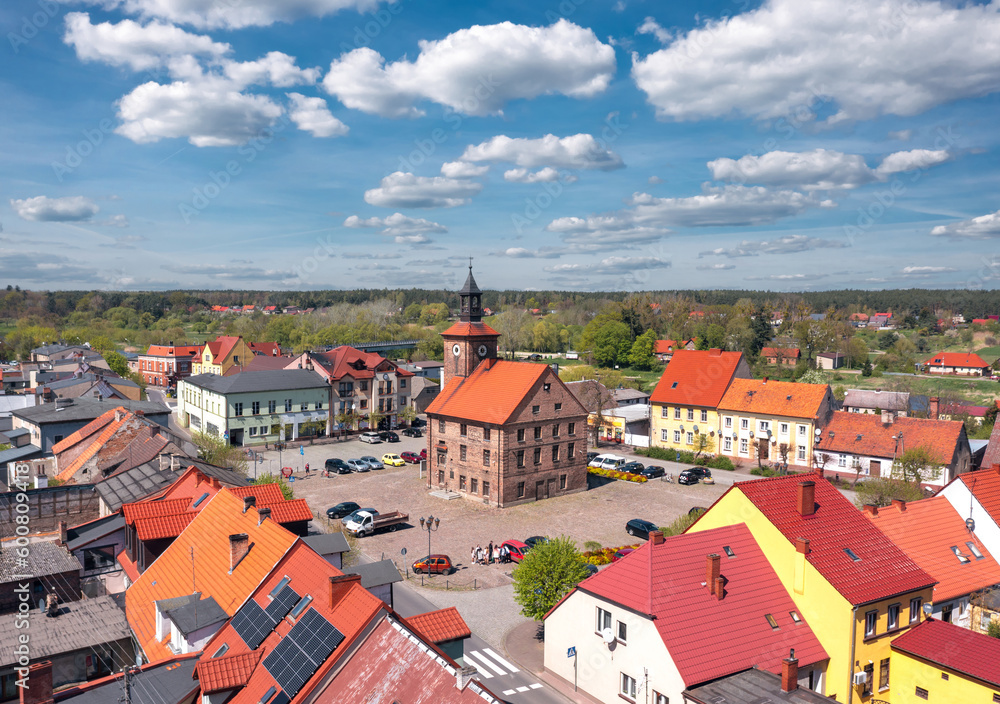 Cityscape of Obrzycko, Wielkopolska, Poland. Aerial summer view of the old town.