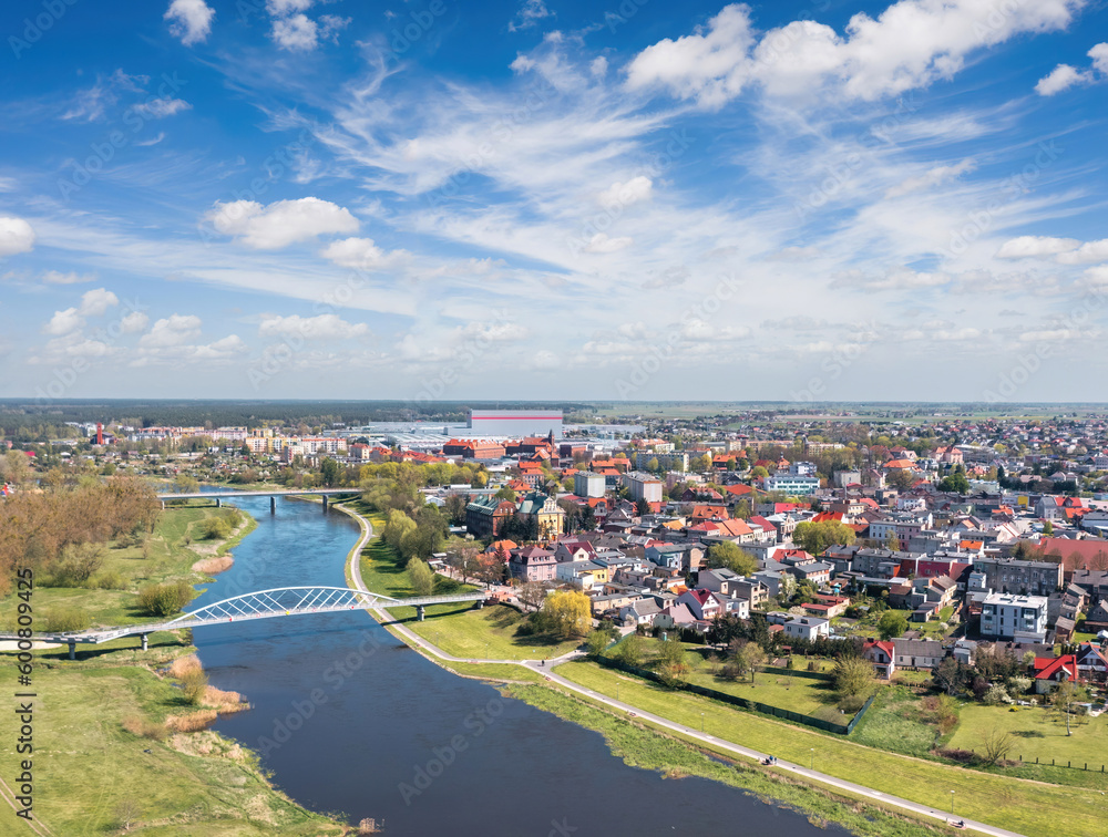 Cityscape of Wronki, Wielkopolska, Poland. Aerial summer view of the city on the bank of Warta river.