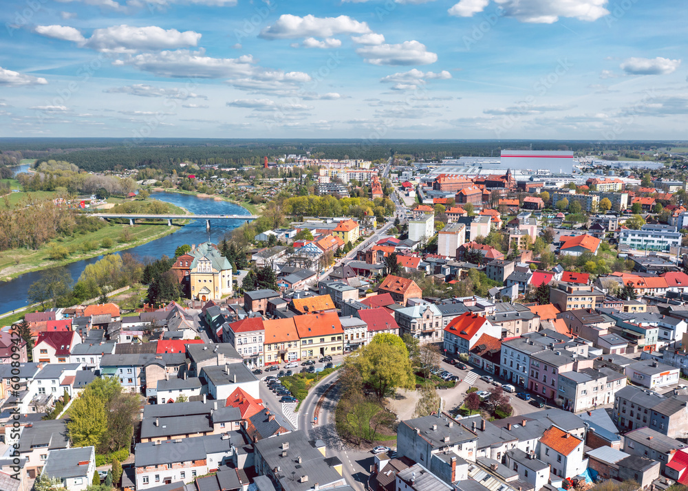 Cityscape of Wronki, Wielkopolska, Poland. Aerial summer view of the city on the bank of Warta river.