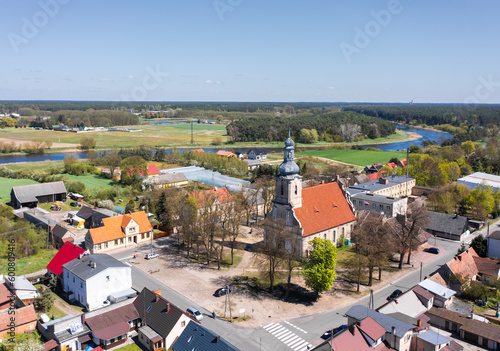 Cityscape of Obrzycko, Wielkopolska, Poland. Aerial summer view of the old church