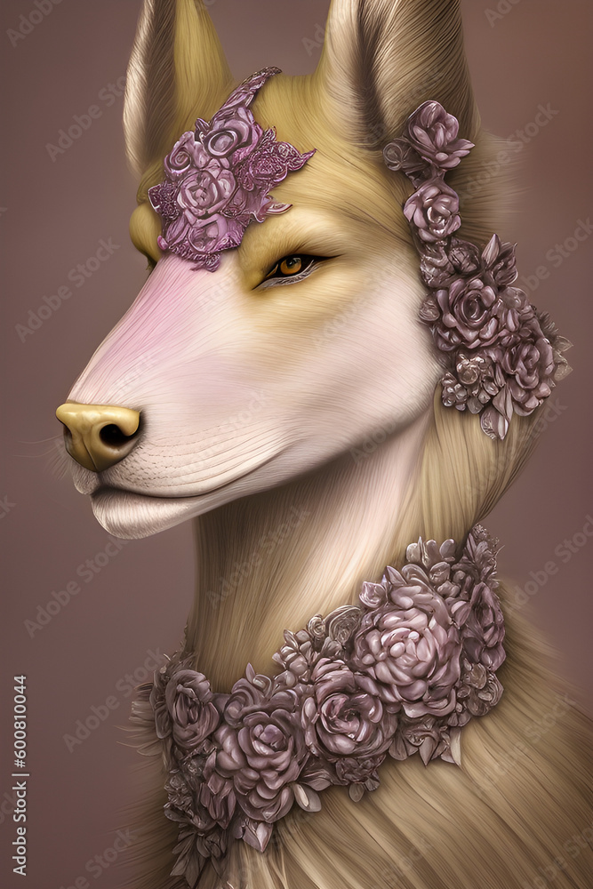 Φωτογραφία The head of a fantastic animal similar to a dog close-up with flowers, a fantastic creature