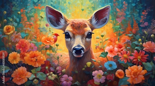 young deer in flowers landscape illustration. Generative AI