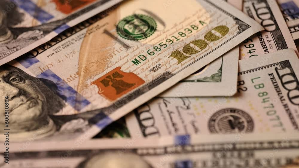 Close Up. Paper bills American 100 dollars on table. Hundred dollar bills. Us 100 dollar money close-up tracking. Close Up. Paper bills American 100 dollars on table. Hundred dollar bills. Us 100 dollar money close-up tracking.
