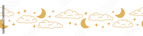 Boho celestial seamless border with line art cloud, moon and star. Yellow colors universe design