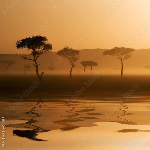 A beautiful sunset at Massai Mara, Kenya. Reflection on water surface.