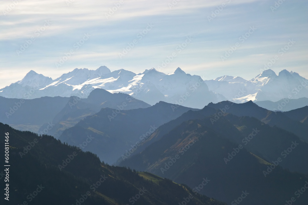 Landscape photo : Aerial view over the Swiss Alps.