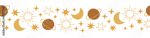 WebBoho celestial seamless border with stars, planet, moon and sun. Pastel colors universe design