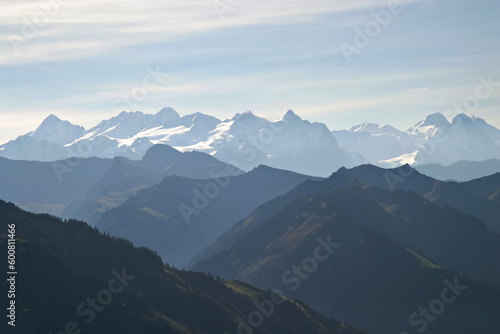 Landscape photo : Aerial view over the Swiss Alps.