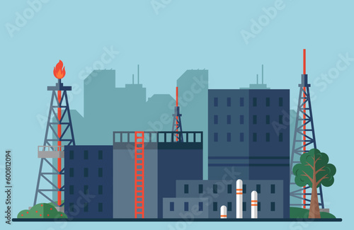 Industrial factories silhouette background. Oil and petroleum industry. Oil refinery complex with pipes and tanks gas production rigs with endless steel landscape. Petroleum fuel industry pipeline