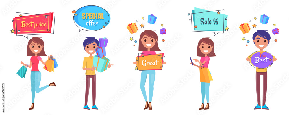Happy character with banner for shopping, discounts and sales in cartoon style. Hot sale, buy now banner, best price on products of premium quality. Good deal for customer in store on black friday Happy character with banner for shopping, discounts and sales in cartoon style. Hot sale, buy now banner, best price on products of premium quality. Good deal for customer in store on black friday