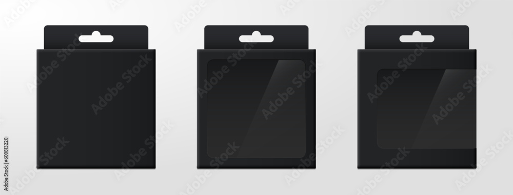 Realistic black packaging box set. Blank empty boxes with with hang tab. Front view. Retail product package collection. Mockup template design for food, gift, electronics. 3d vector illustration Realistic black packaging box set. Blank empty boxes with with hang tab. Front view. Retail product package collection. Mockup template design for food, gift, electronics. 3d vector illustration