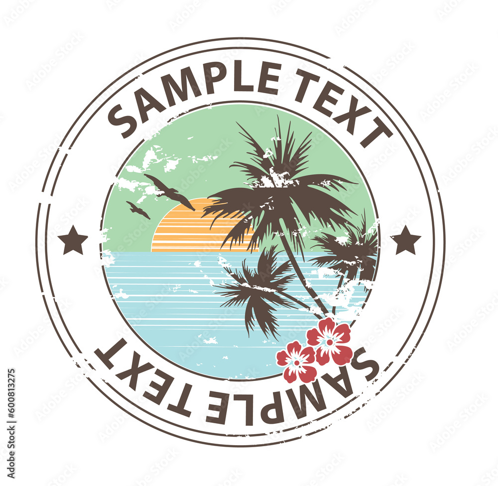 Grungy summer design with palms, flying seagulls, flowers and with a detached place for sample texts.