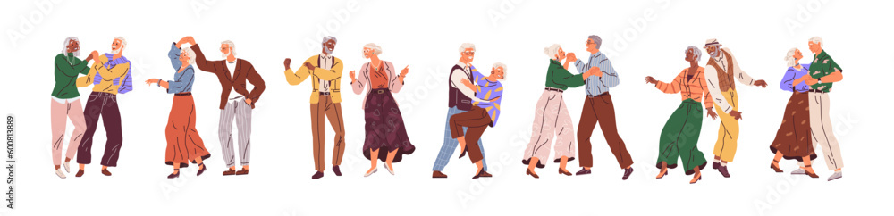Senior couples dance, elderly people romantic loving relations concept. Happy old men and women embracing, holding hands while dancing. Adult characters dating, love. Grandmother and grandfather